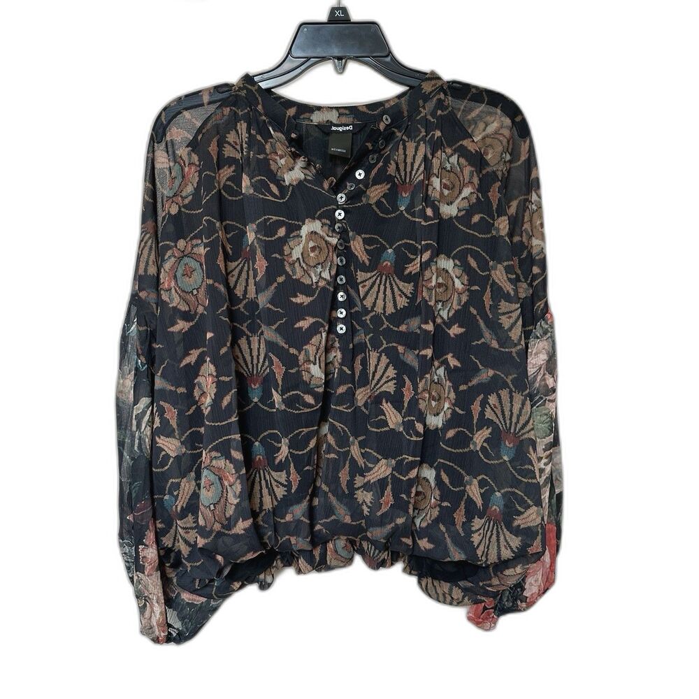 Desigual Dark Floral Pleated Blouse XL Puff Sleeve Crop Bubble Hem Pullover Boho